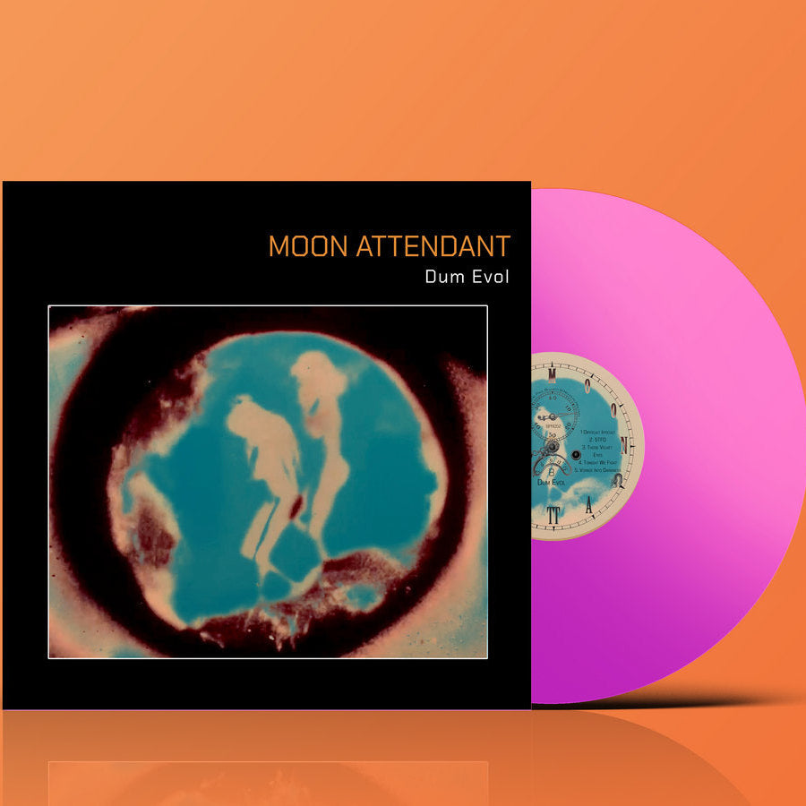 A vinyl record album shown standing upright with part of the record pulled out. The sleeve is black with the text 'MOON ATTENDANT' and 'Dum Evel' above an abstract teal, cream, and dark circular artwork.