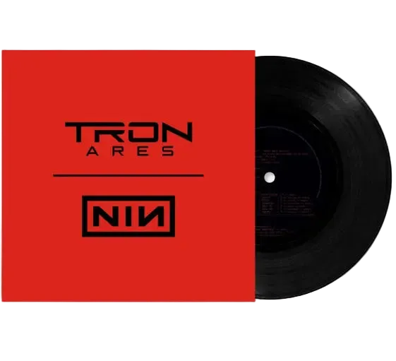 Vinyl record with red cover featuring 'TRON ARES' and 'NIN' logos on a white background