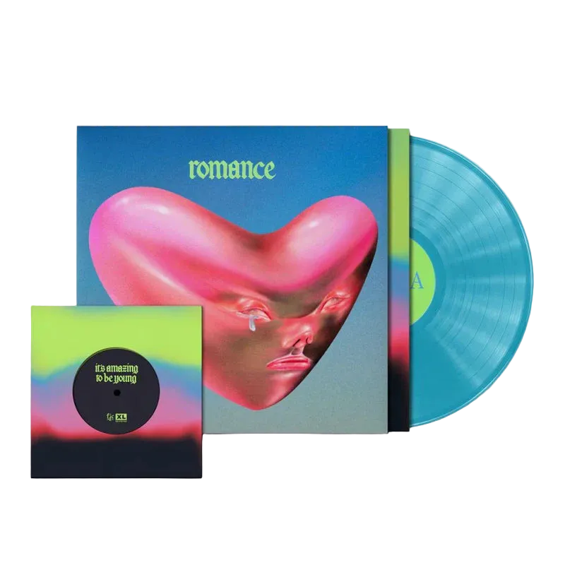 Vinyl record set with colorful cover and blue disc titled 'romance'.