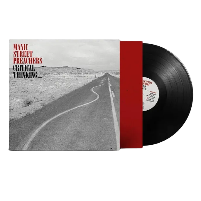 Vinyl record with a road scene cover and red strip, featuring 'Manic Street Preachers' album.